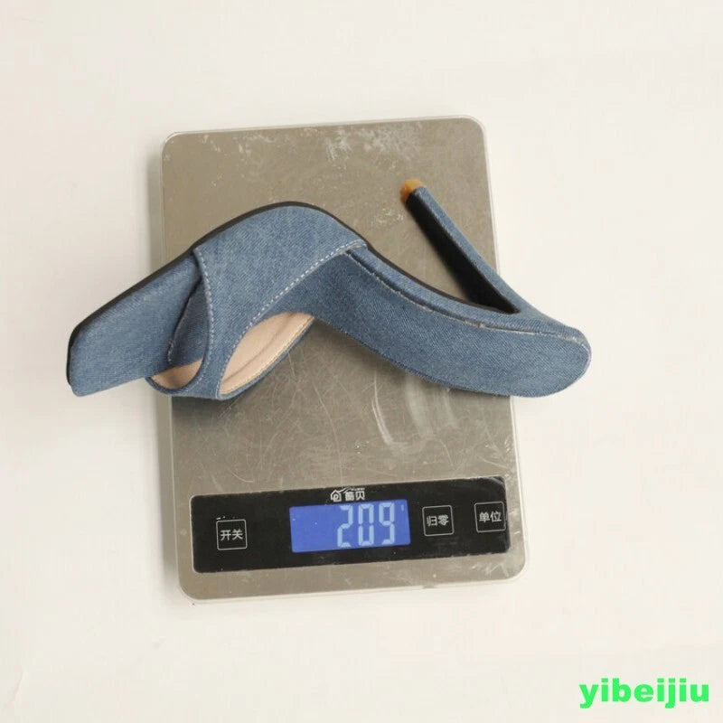 Women's Super High Heel Denim Jeans Mules Slides Sandals Slipper Shoes Dress OL