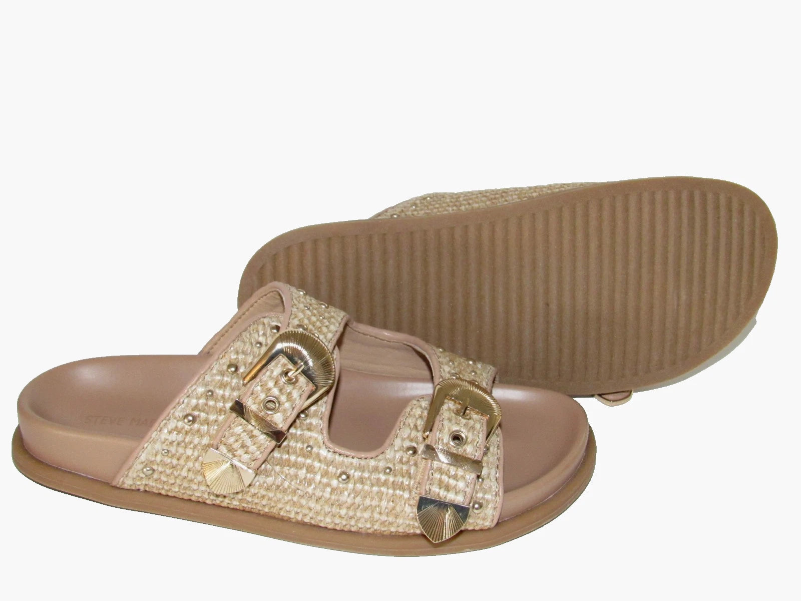 Steve Madden Slide Sandal Women's 8.5 Tan Brown Zuree Dual Buckle Gold Studded