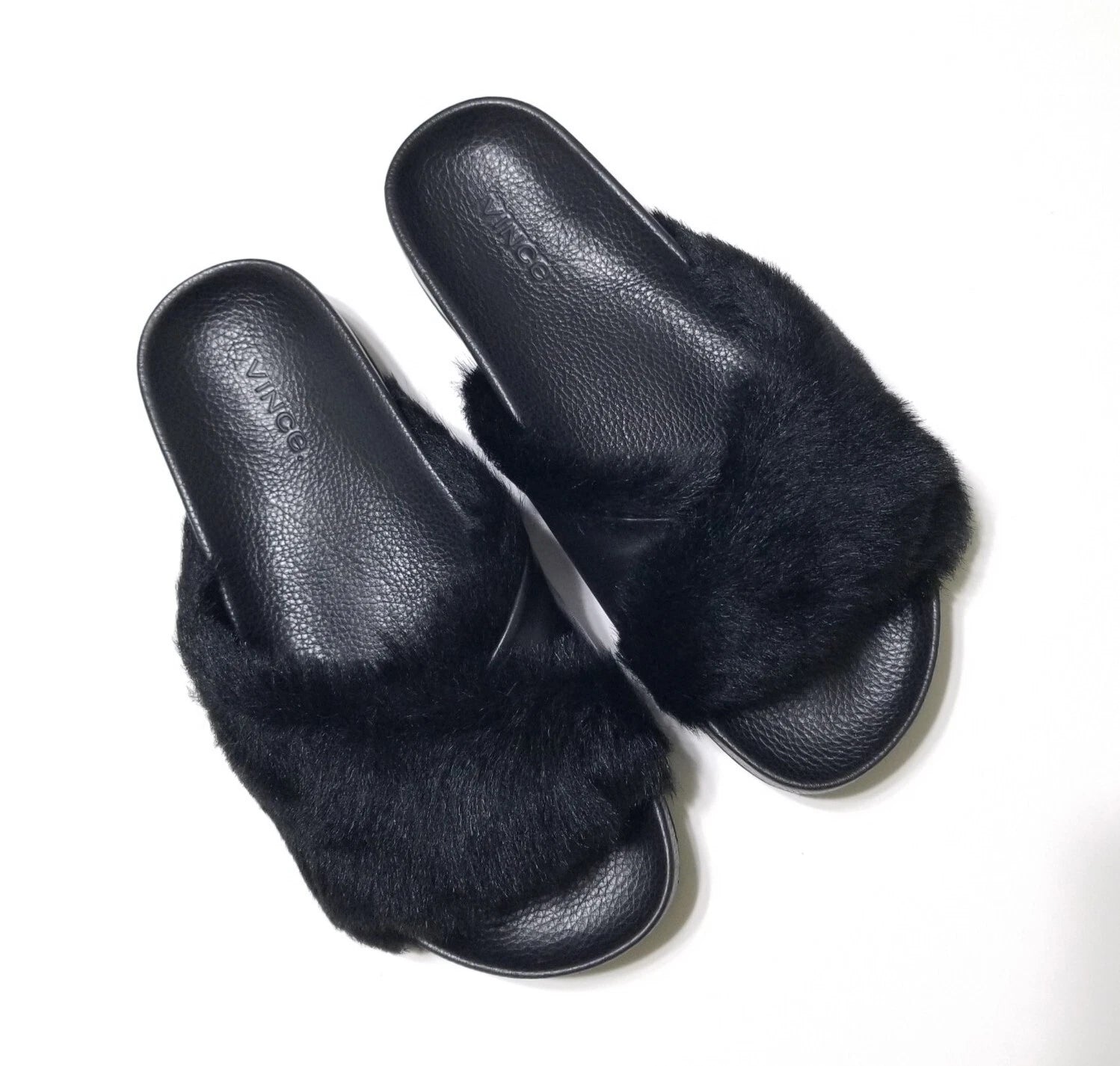 NIB Vince Garrison Italian Lamb Fur & Leather Slide Sandal in Black $250