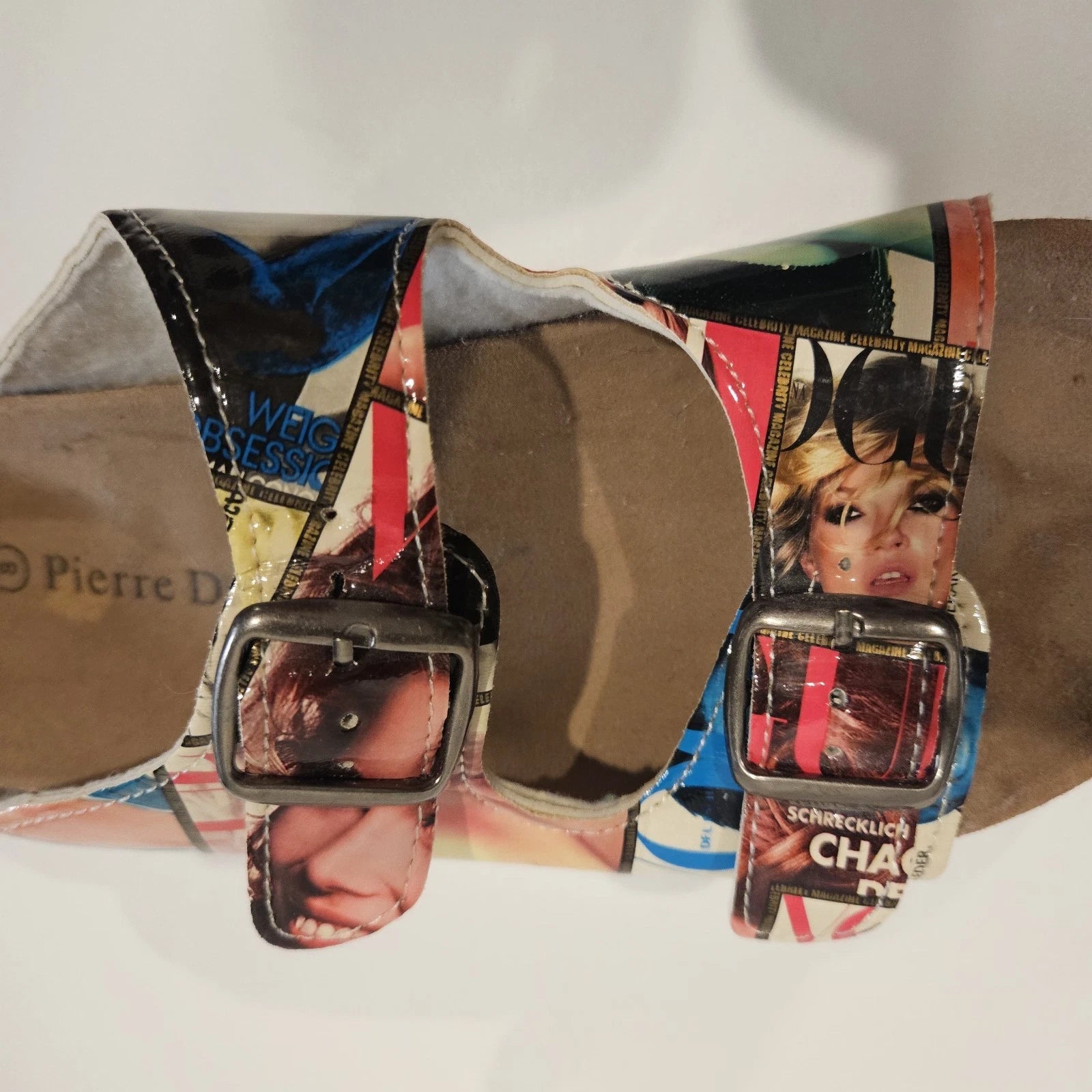 Vogue Magazine Glossy Collage Two Strap Bork Pierre Dumas Sandals sz 8