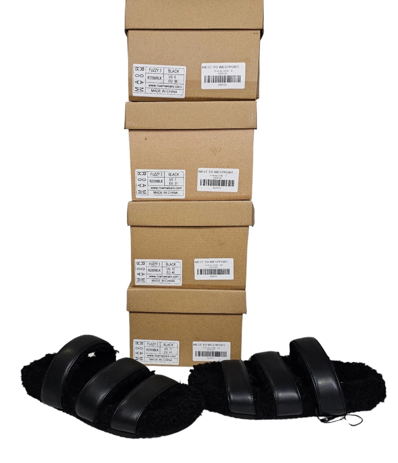 ROAM NIB $139 Black 3 Strap Faux Leather Fuzzy Slide Sandals Sz 11