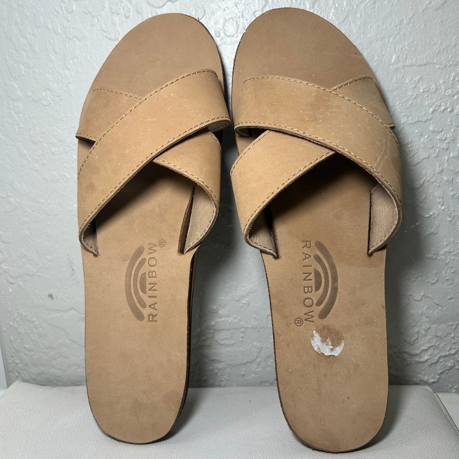 Rainbow Leather Top Sole Single Layer Arch Cross Strap Flat Stitch Slide Size 10