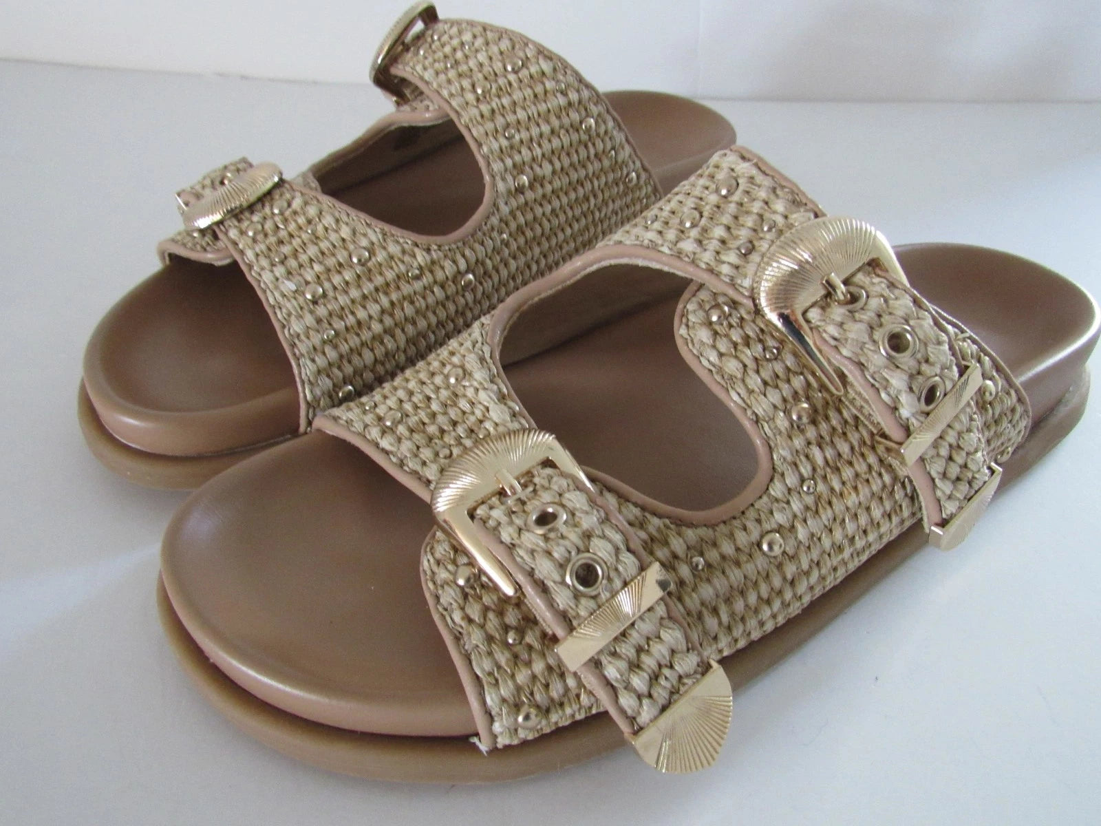 Steve Madden Slide Sandal Women's 8.5 Tan Brown Zuree Dual Buckle Gold Studded