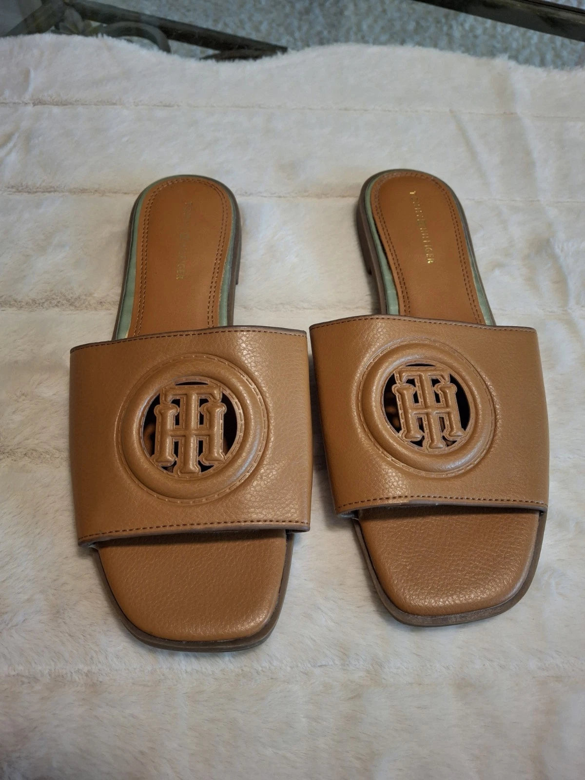 Tommy Hilfiger Sandals 8M Palley Slip On Flats Slides Brown Logo