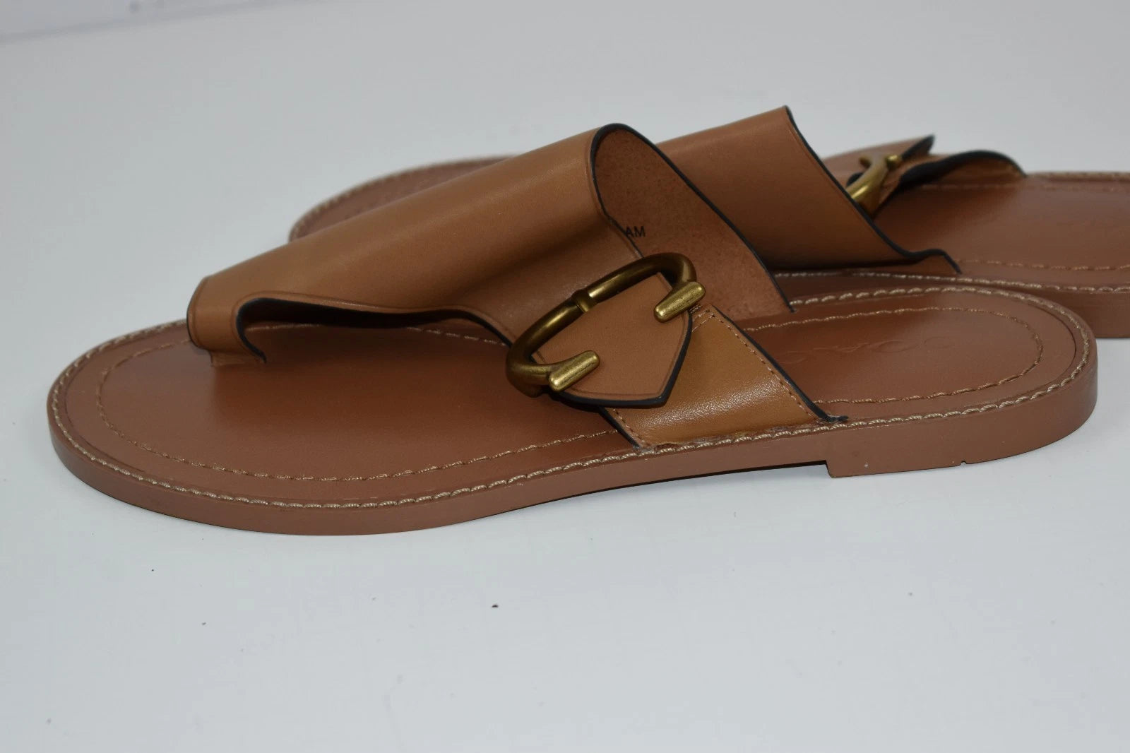 New Coach Sz 6 Slip On Sandals Leather Slides Brown Cognac Toe Loop Flats Buckle