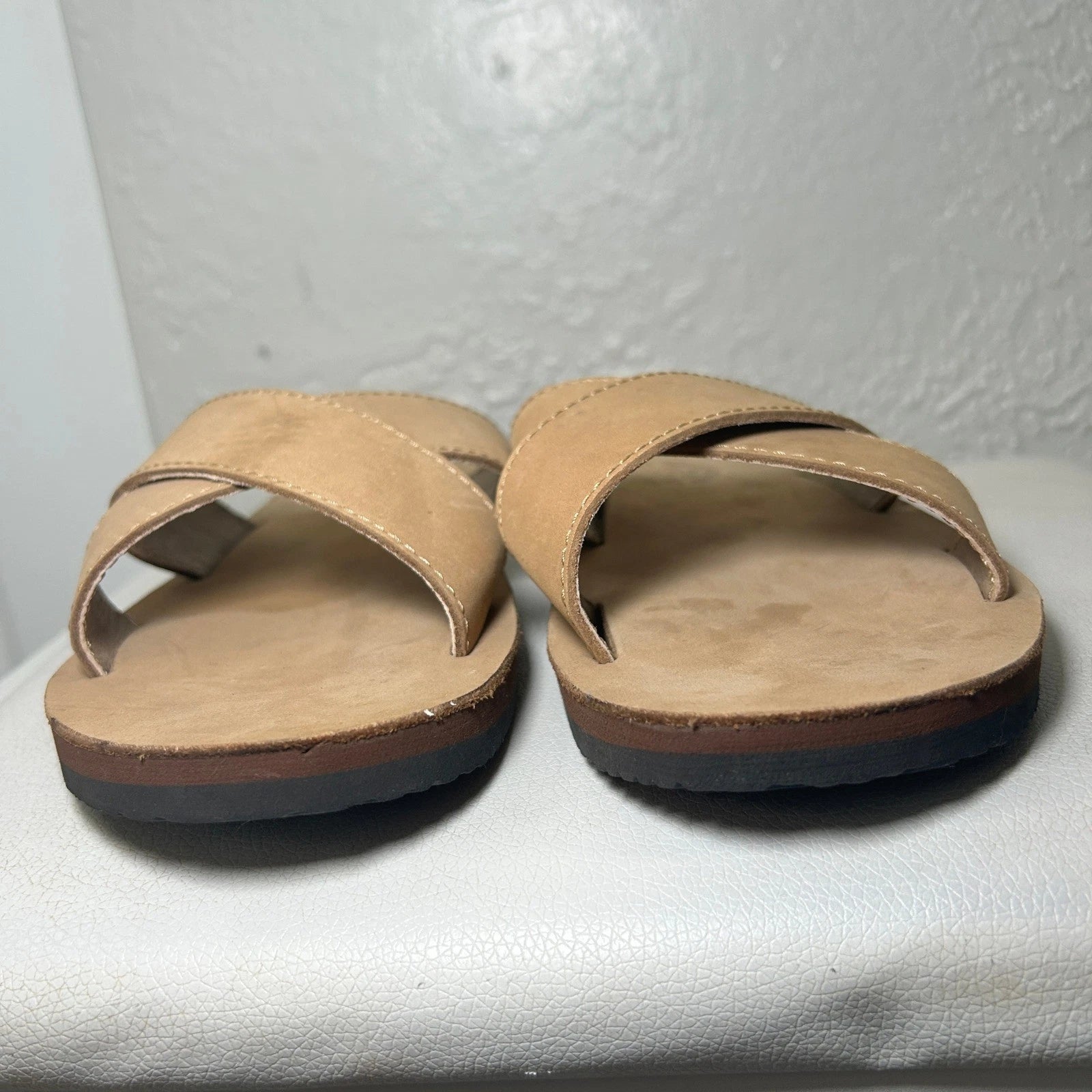 Rainbow Leather Top Sole Single Layer Arch Cross Strap Flat Stitch Slide Size 10