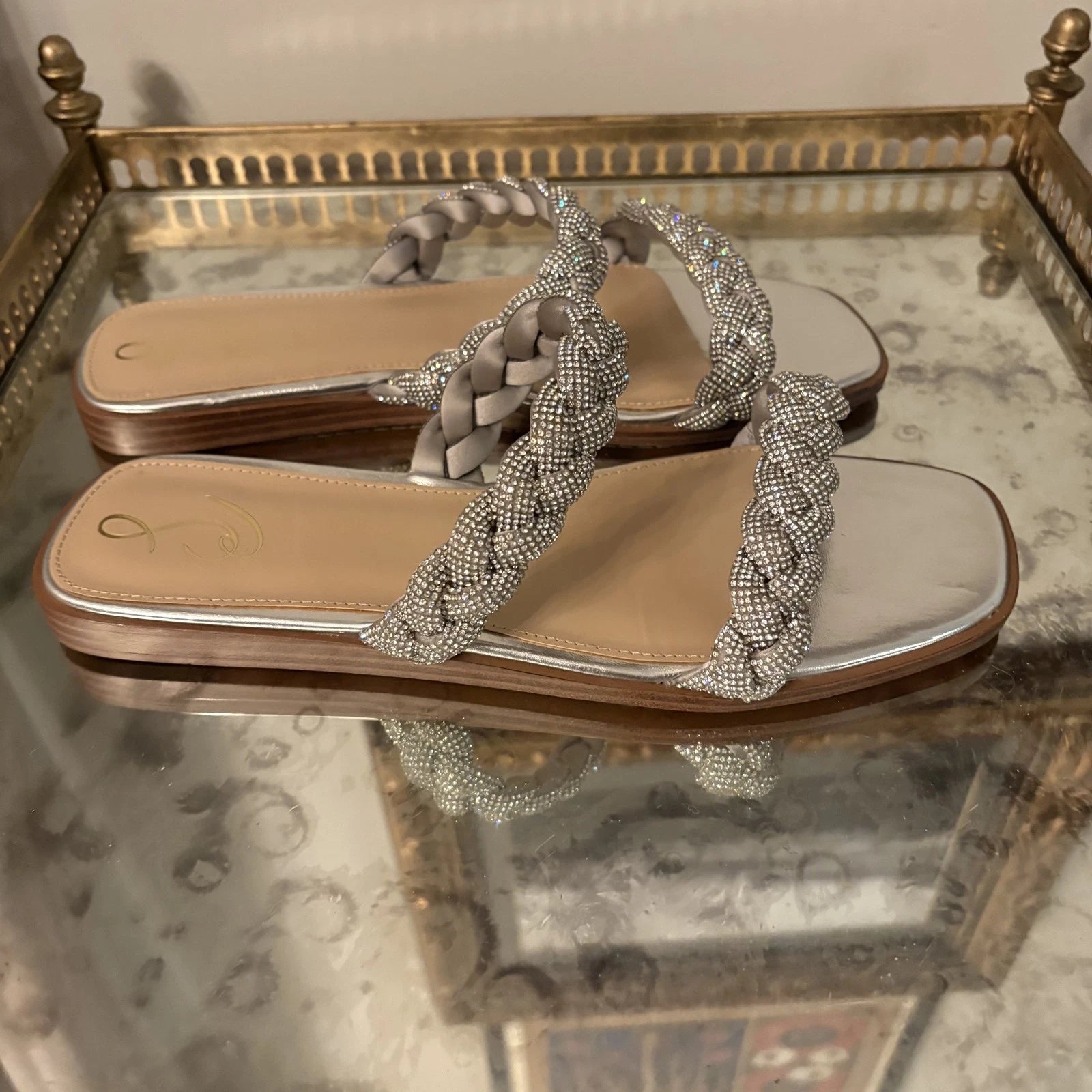 Sam Edelman Shoes Womens Size 9 Silver Braided Sandal Slide Rhinestone Flats