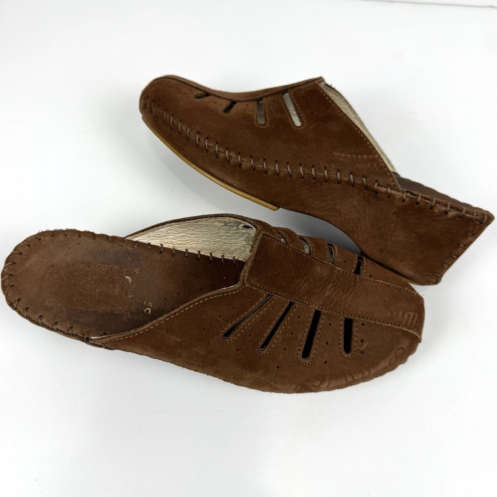 La Plume Italian Brown Leather Slide Sandals Shoes Women's Size 39 US 8.5-9 Boho