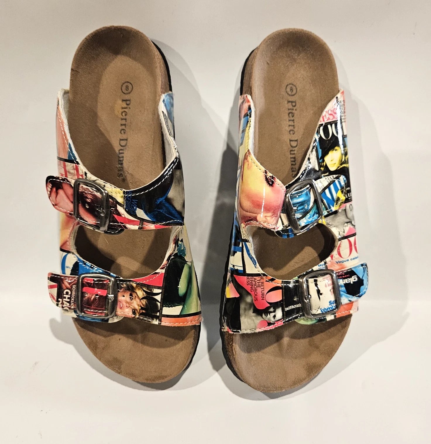 Vogue Magazine Glossy Collage Two Strap Bork Pierre Dumas Sandals sz 8