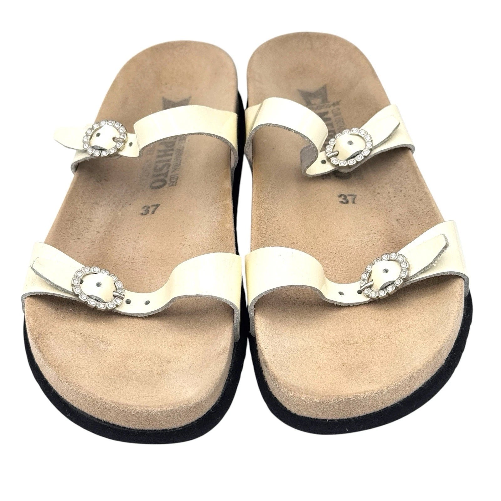 Mephisto Norie Bling Buckle Slide Sandals Ivory Patent Leather Flat Size 7 37