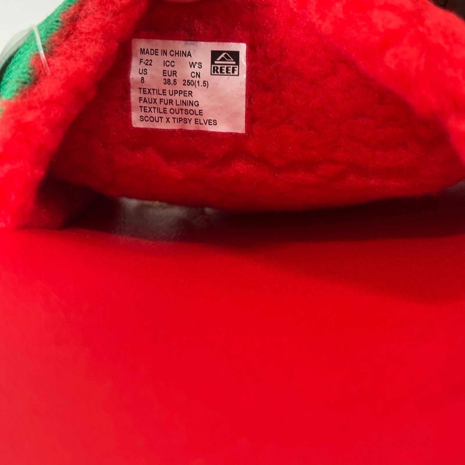 Reef x Tipsy Elves Womens Holiday Present Slides Red Green Gold Bow Sandals Sz 8