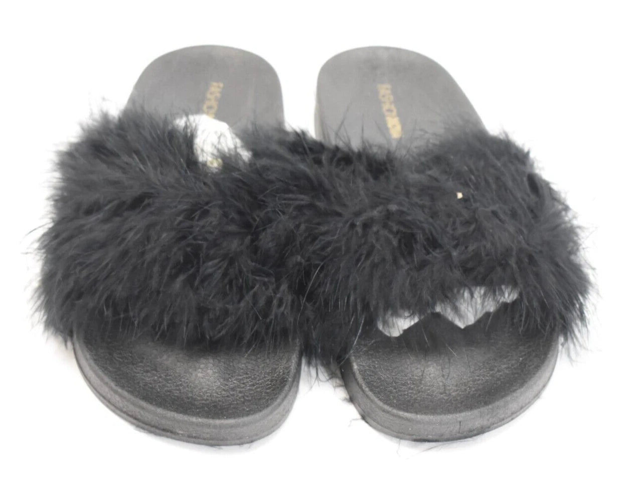 Fashion Nova Moira Black Feather Boa Slides Sandals Slippers Open Toe Size 8