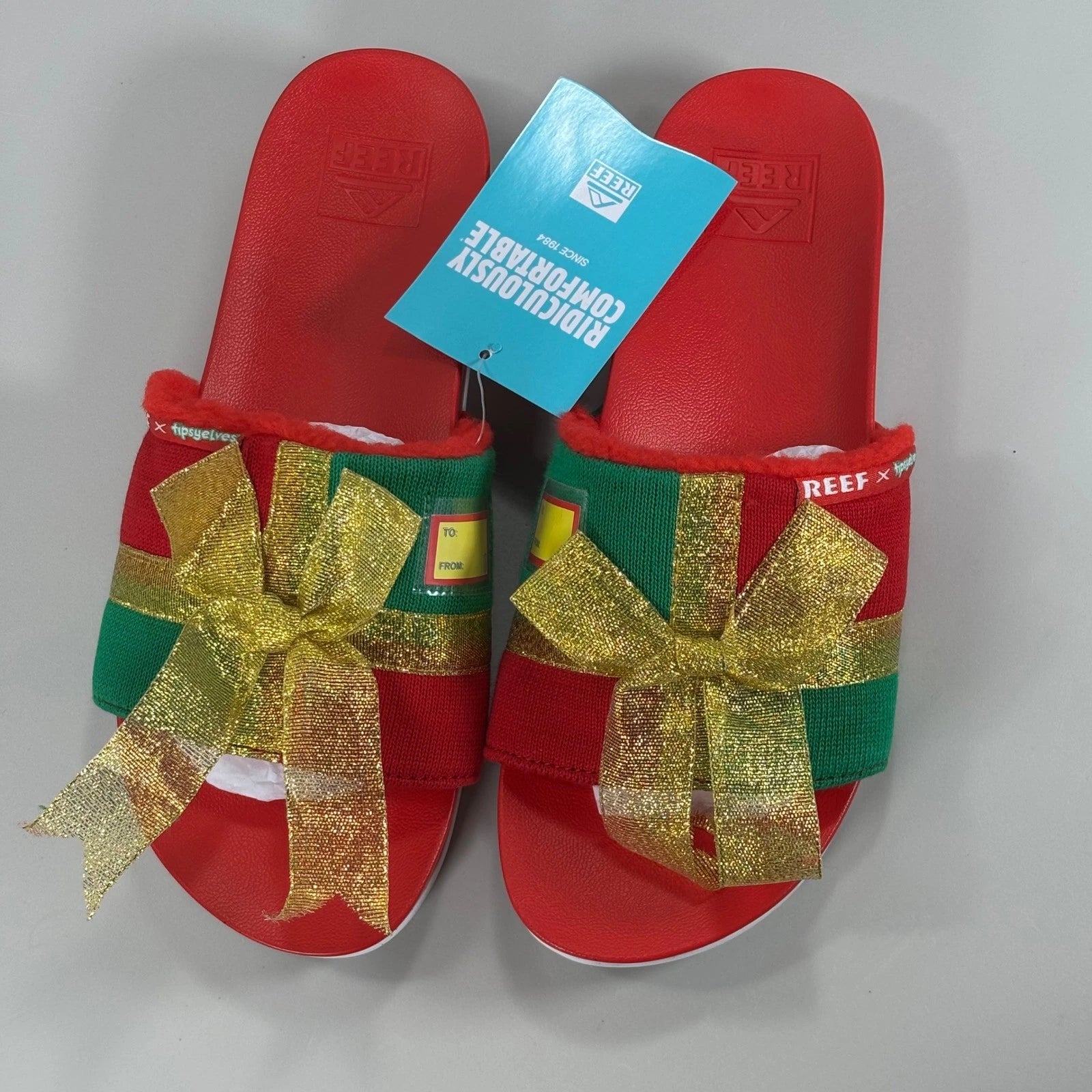 Reef x Tipsy Elves Womens Holiday Present Slides Red Green Gold Bow Sandals Sz 8