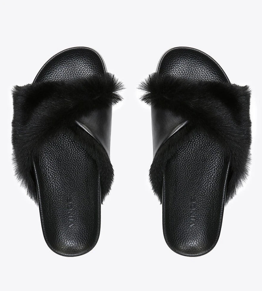 NIB Vince Garrison Italian Lamb Fur & Leather Slide Sandal in Black $250