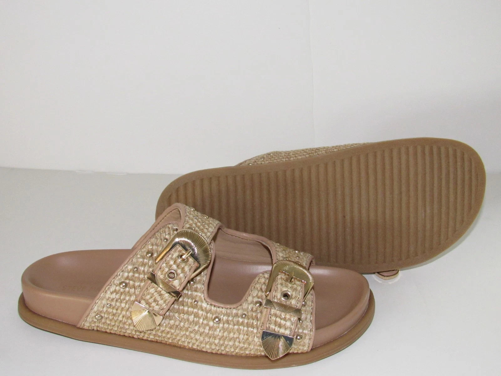 Steve Madden Slide Sandal Women's 8.5 Tan Brown Zuree Dual Buckle Gold Studded
