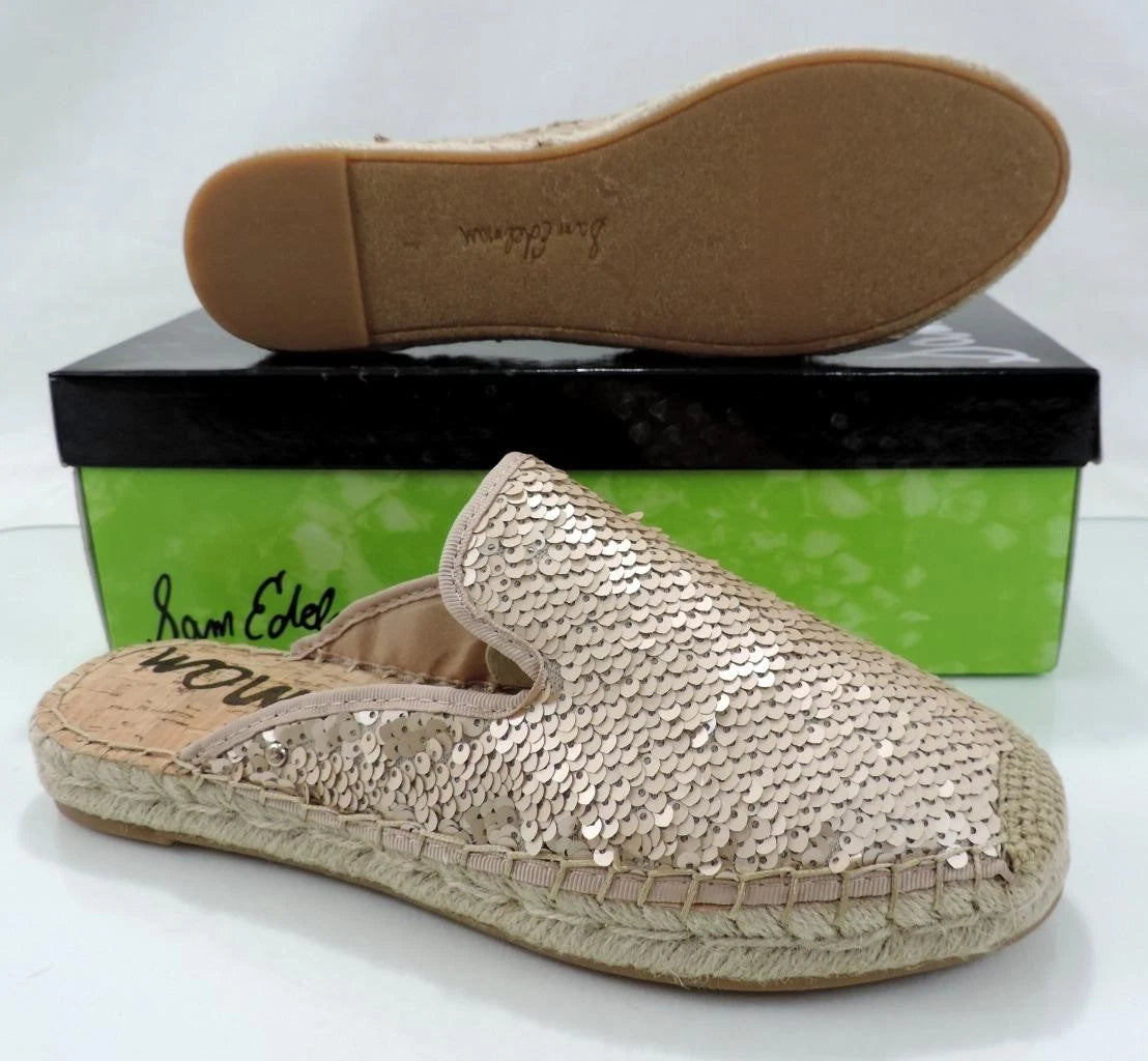 Sam Edelman Kerry Slip On Espadrille Slide Mule Flats Pink Gold Sequins Size 8