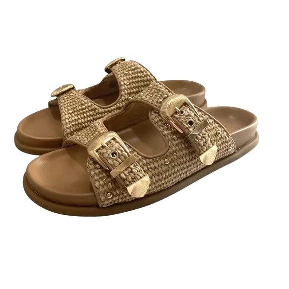 Steve Madden Slide Sandal Women's 8.5 Tan Brown Zuree Dual Buckle Gold Studded