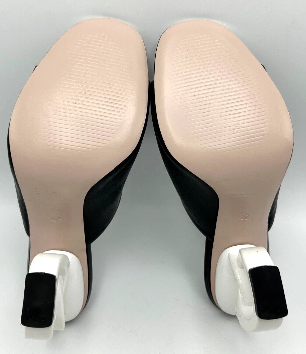 VINCI Black Leather Designer Sandal Size 40 US 9.5 White Circle Heels 3.5" High