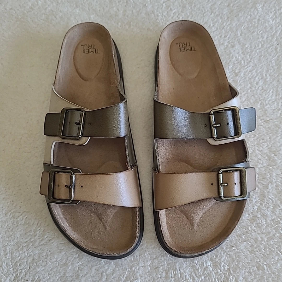 Time And Tru Birk-style Adjustable Buckle Slide  Multi tone Sandal Women 10 New