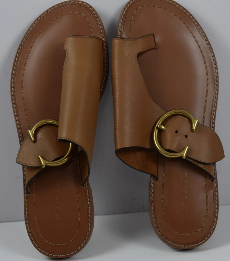 New Coach Sz 6 Slip On Sandals Leather Slides Brown Cognac Toe Loop Flats Buckle