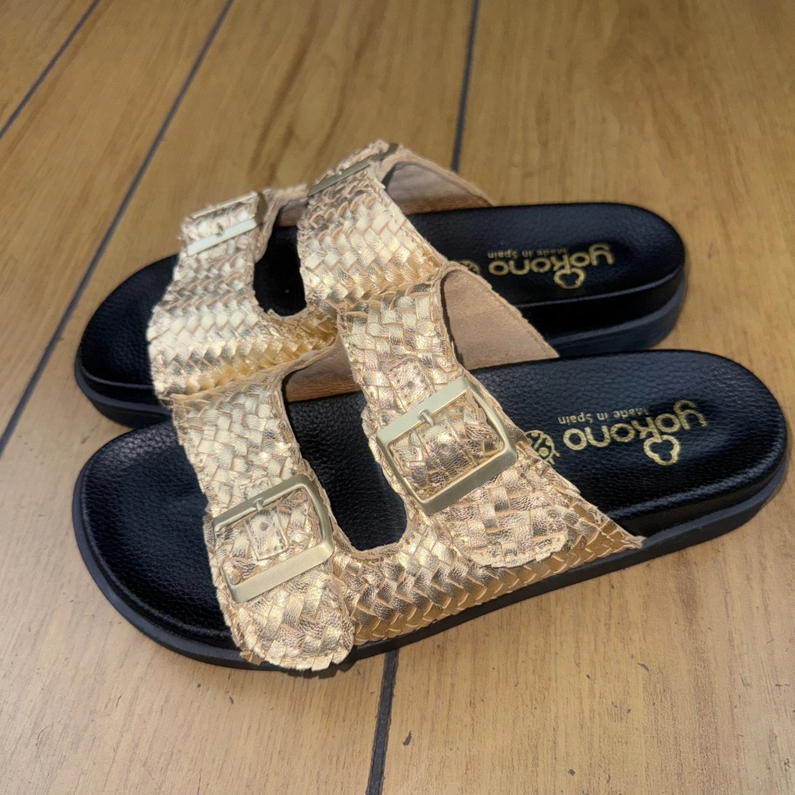 Yokono Gold Woven Leather Adjustable Buckle Slides Sandals Size 7.5