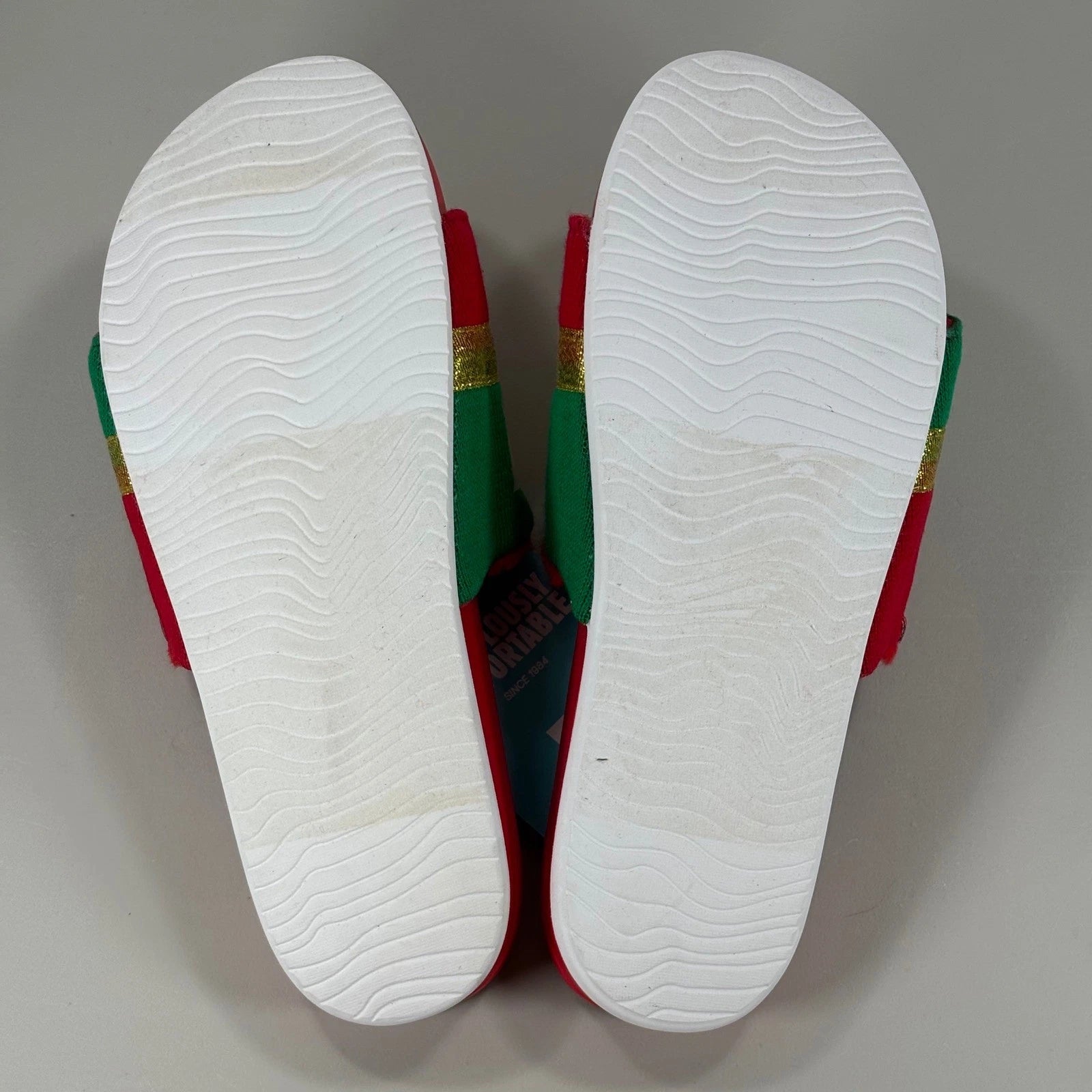 Reef x Tipsy Elves Womens Holiday Present Slides Red Green Gold Bow Sandals Sz 8