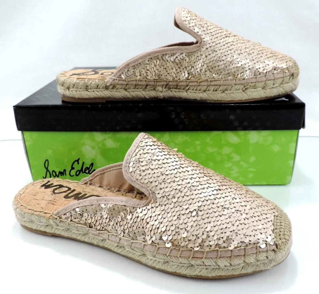 Sam Edelman Kerry Slip On Espadrille Slide Mule Flats Pink Gold Sequins Size 8