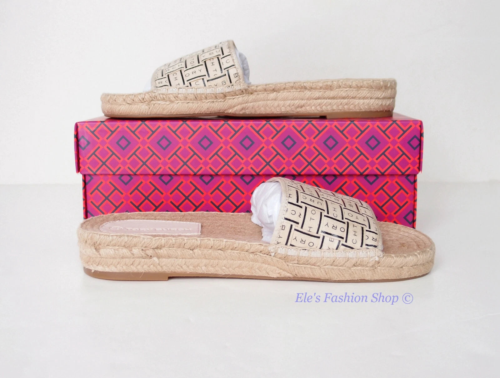 NIB Tory Burch Logo Woven Ribbon Espadrille Slide Slipper CREAM US 8 AUTHENTIC