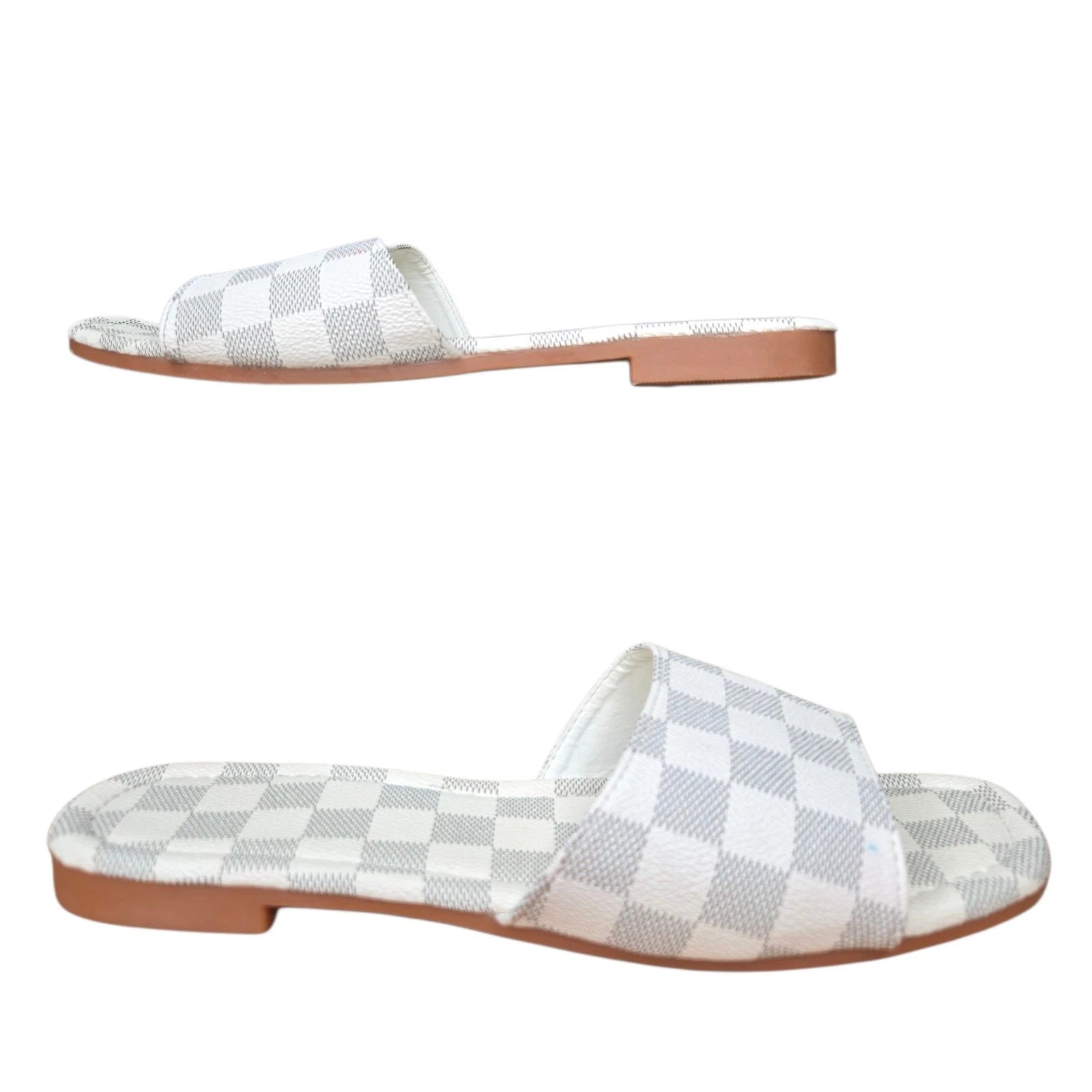 Womens Faux Leather Gray White Checkered Open Toe Flats Slide Sandals Size 9