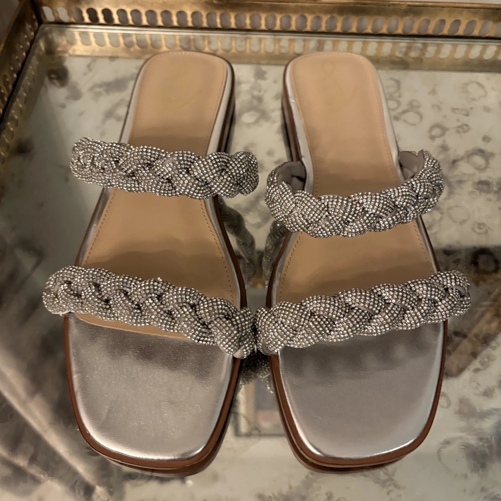 Sam Edelman Shoes Womens Size 9 Silver Braided Sandal Slide Rhinestone Flats
