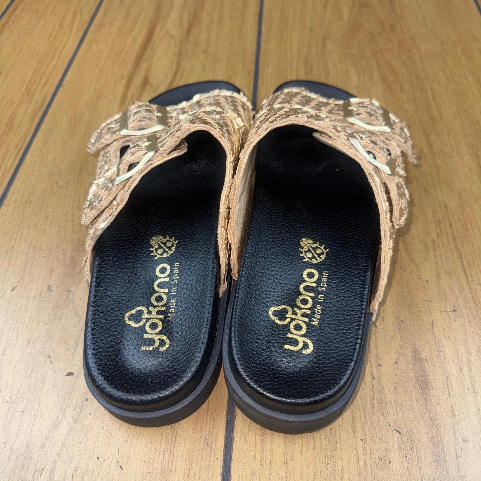 Yokono Gold Woven Leather Adjustable Buckle Slides Sandals Size 7.5
