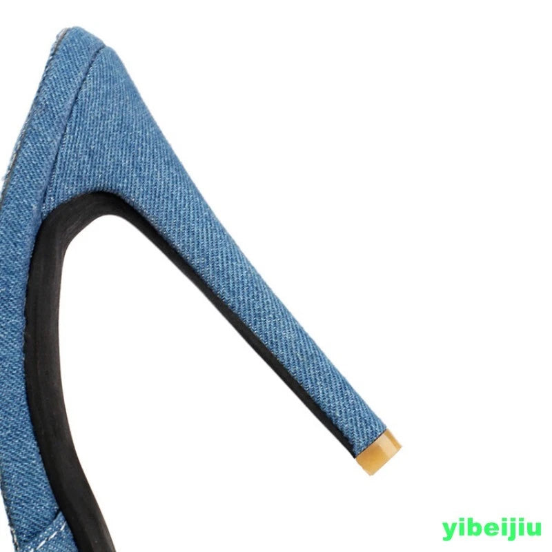 Women's Super High Heel Denim Jeans Mules Slides Sandals Slipper Shoes Dress OL