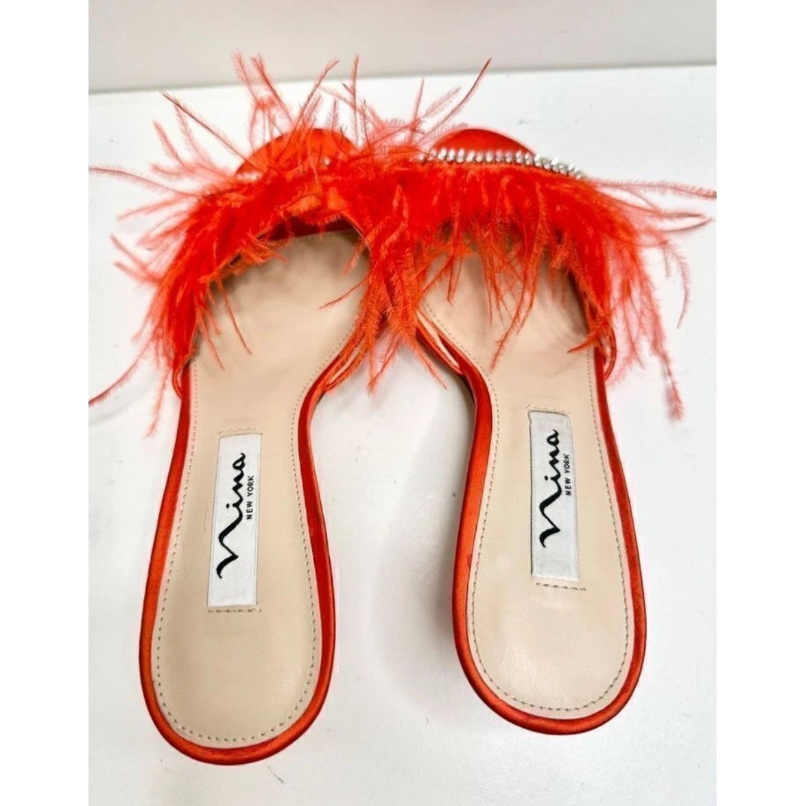 Nina Feather Kitten Heel Rhinestone Embellished Slip On Sandals Size 6