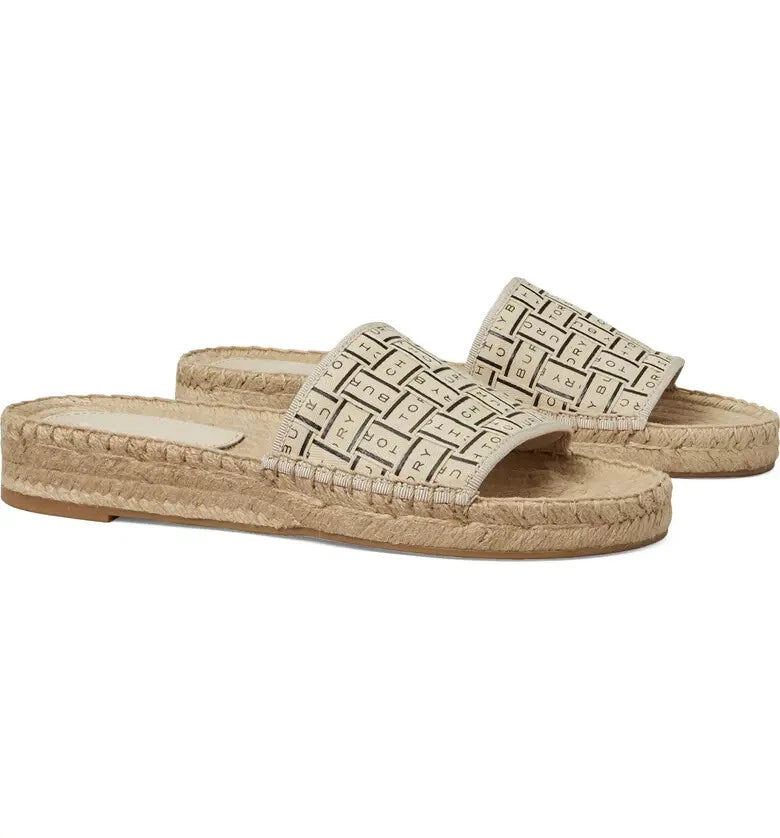 NIB Tory Burch Logo Woven Ribbon Espadrille Slide Slipper CREAM US 8 AUTHENTIC