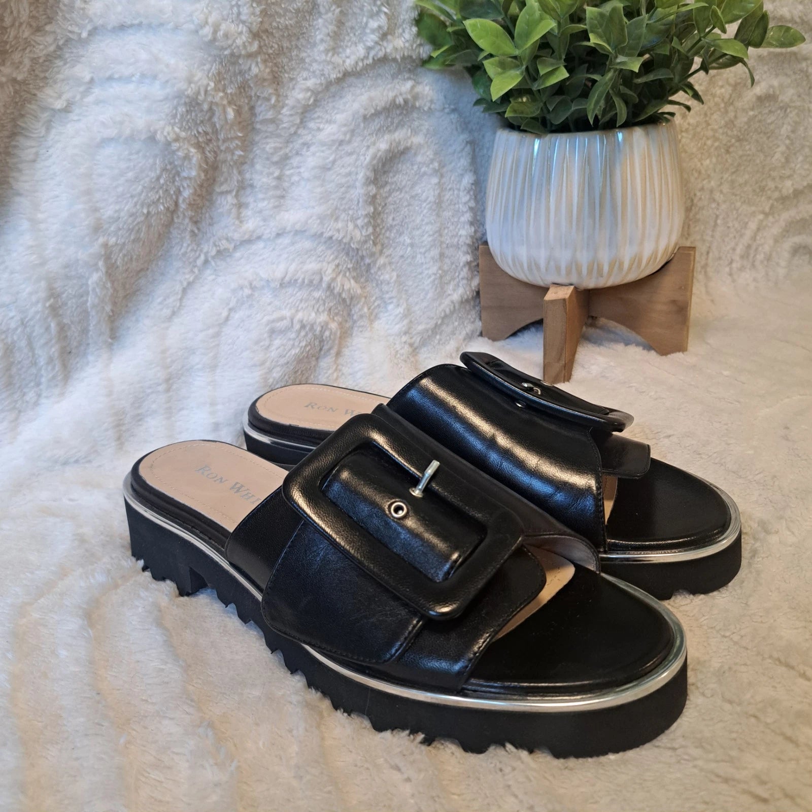Ron White Candra Slide Sandals Black Leather Italy Sz 9 US 39.5 NEW $445