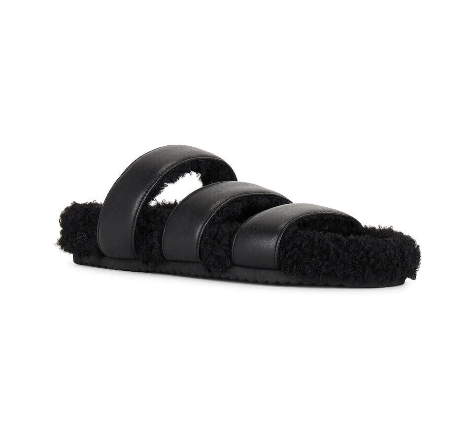 ROAM NIB $139 Black 3 Strap Faux Leather Fuzzy Slide Sandals Sz 11