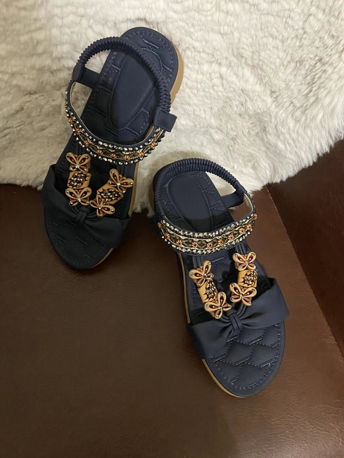 New Aomigoct Sandals Women Flat Dressy Summer size 38 /8 Navy blue Blue