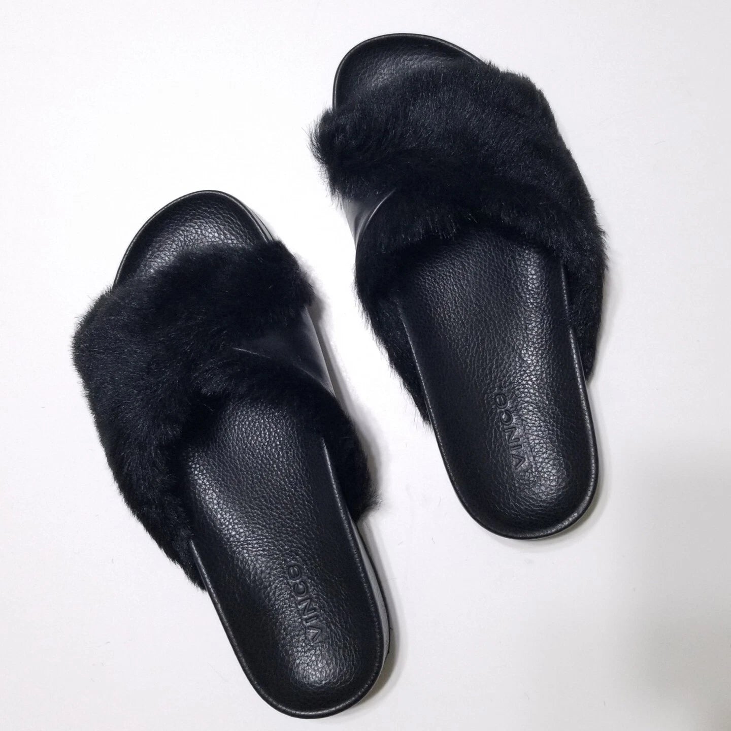 NIB Vince Garrison Italian Lamb Fur & Leather Slide Sandal in Black $250