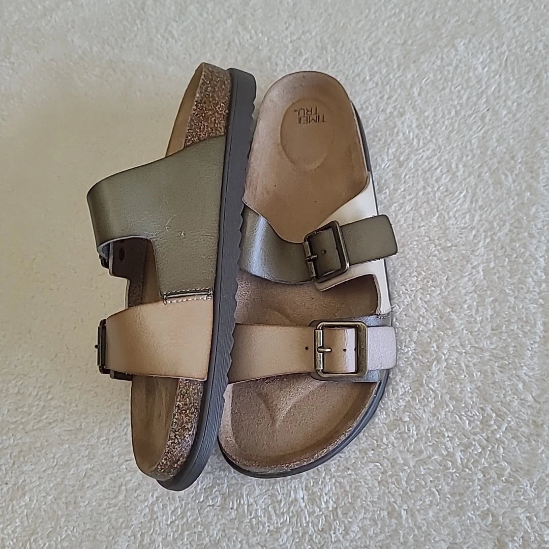 Time And Tru Birk-style Adjustable Buckle Slide  Multi tone Sandal Women 10 New