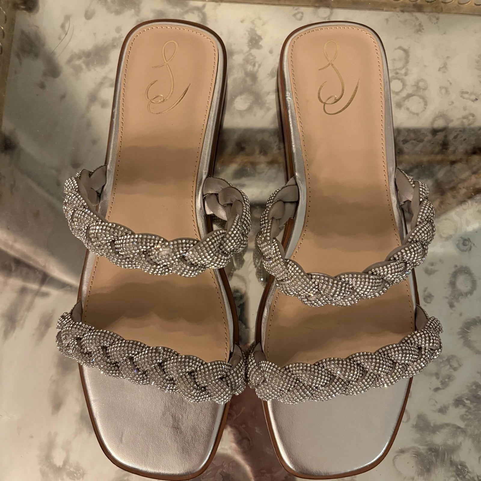 Sam Edelman Shoes Womens Size 9 Silver Braided Sandal Slide Rhinestone Flats