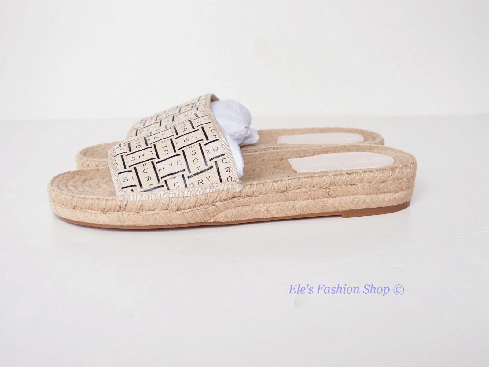 NIB Tory Burch Logo Woven Ribbon Espadrille Slide Slipper CREAM US 8 AUTHENTIC