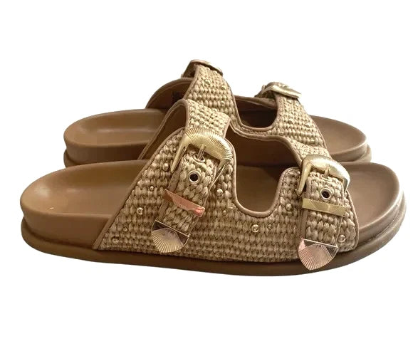 Steve Madden Slide Sandal Women's 8.5 Tan Brown Zuree Dual Buckle Gold Studded