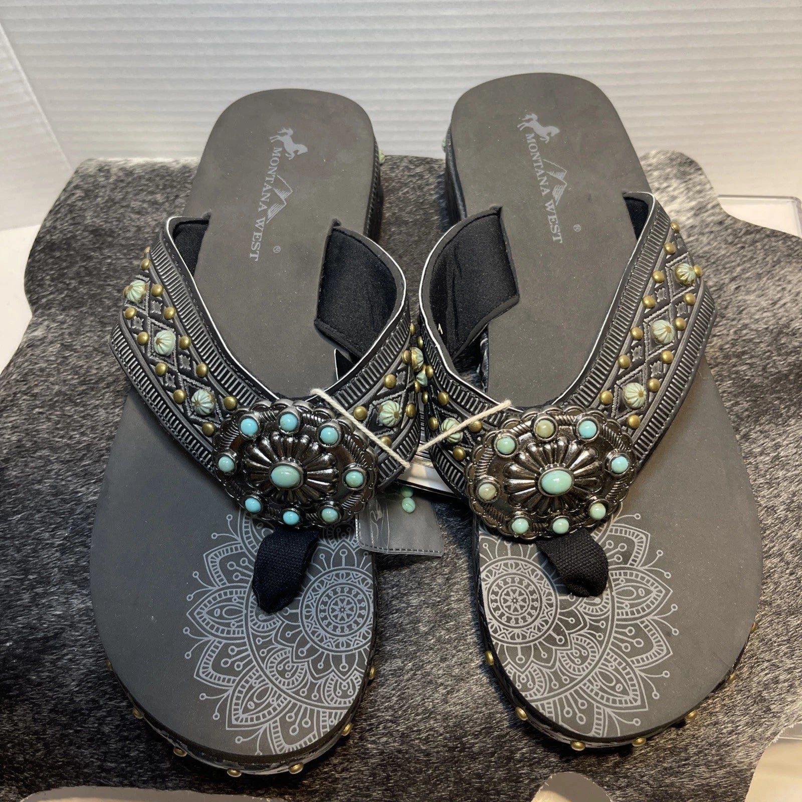 Montana West Black Embossed w/Studs Western Style Wedge Sandals Sz11-11.5