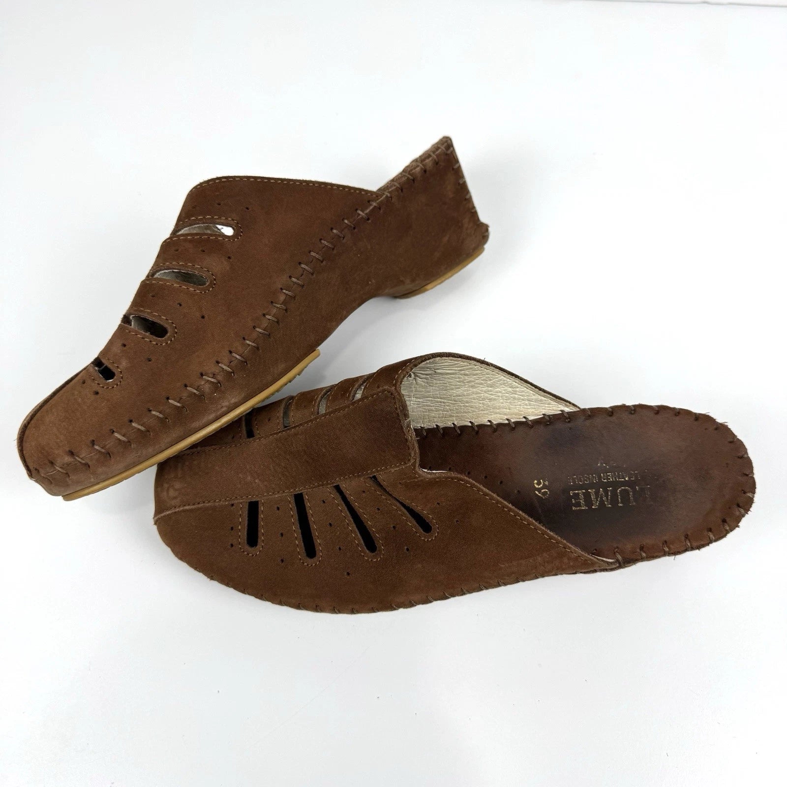 La Plume Italian Brown Leather Slide Sandals Shoes Women's Size 39 US 8.5-9 Boho