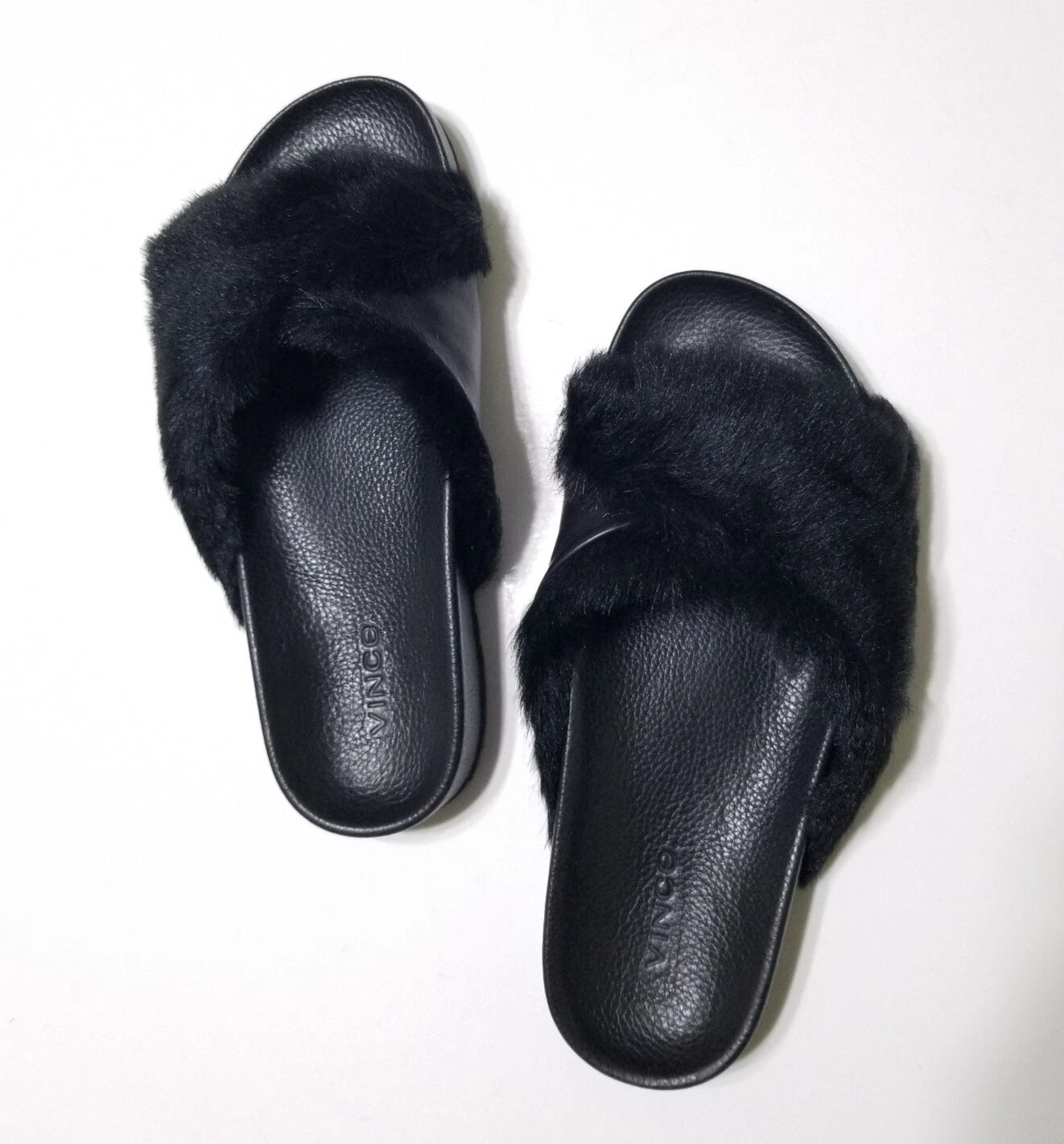 NIB Vince Garrison Italian Lamb Fur & Leather Slide Sandal in Black $250
