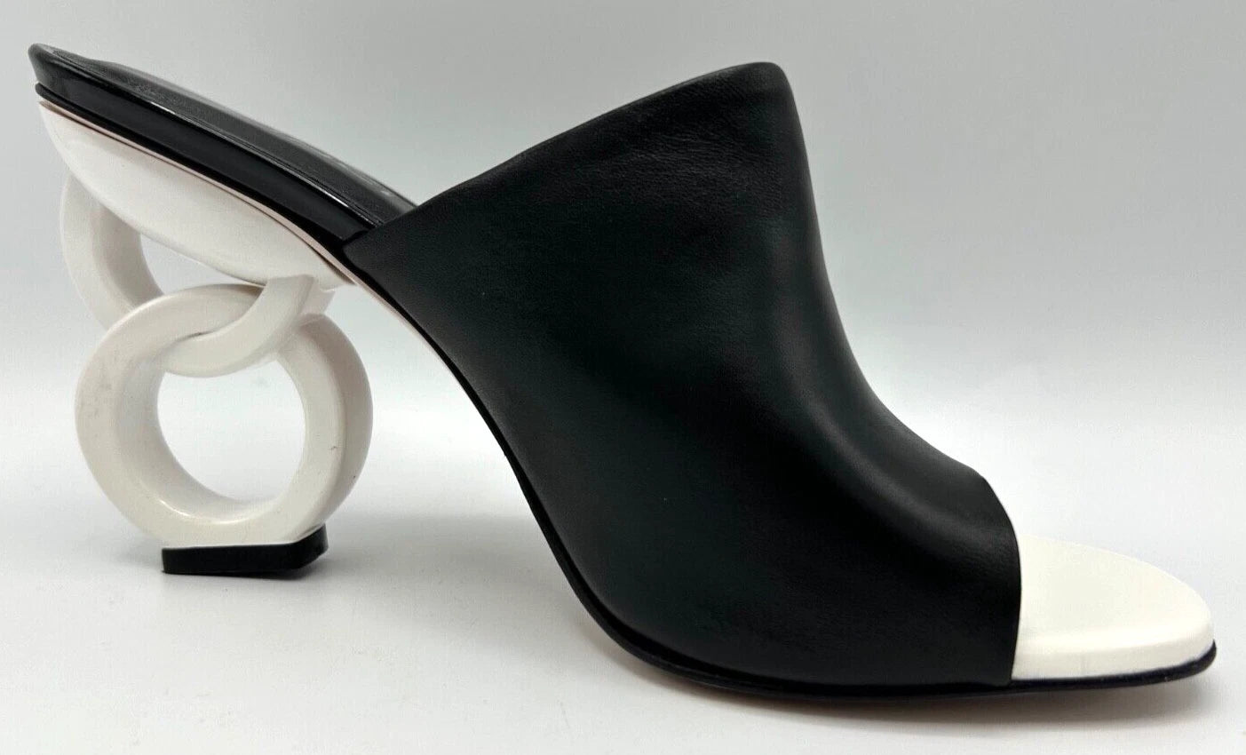 VINCI Black Leather Designer Sandal Size 40 US 9.5 White Circle Heels 3.5" High