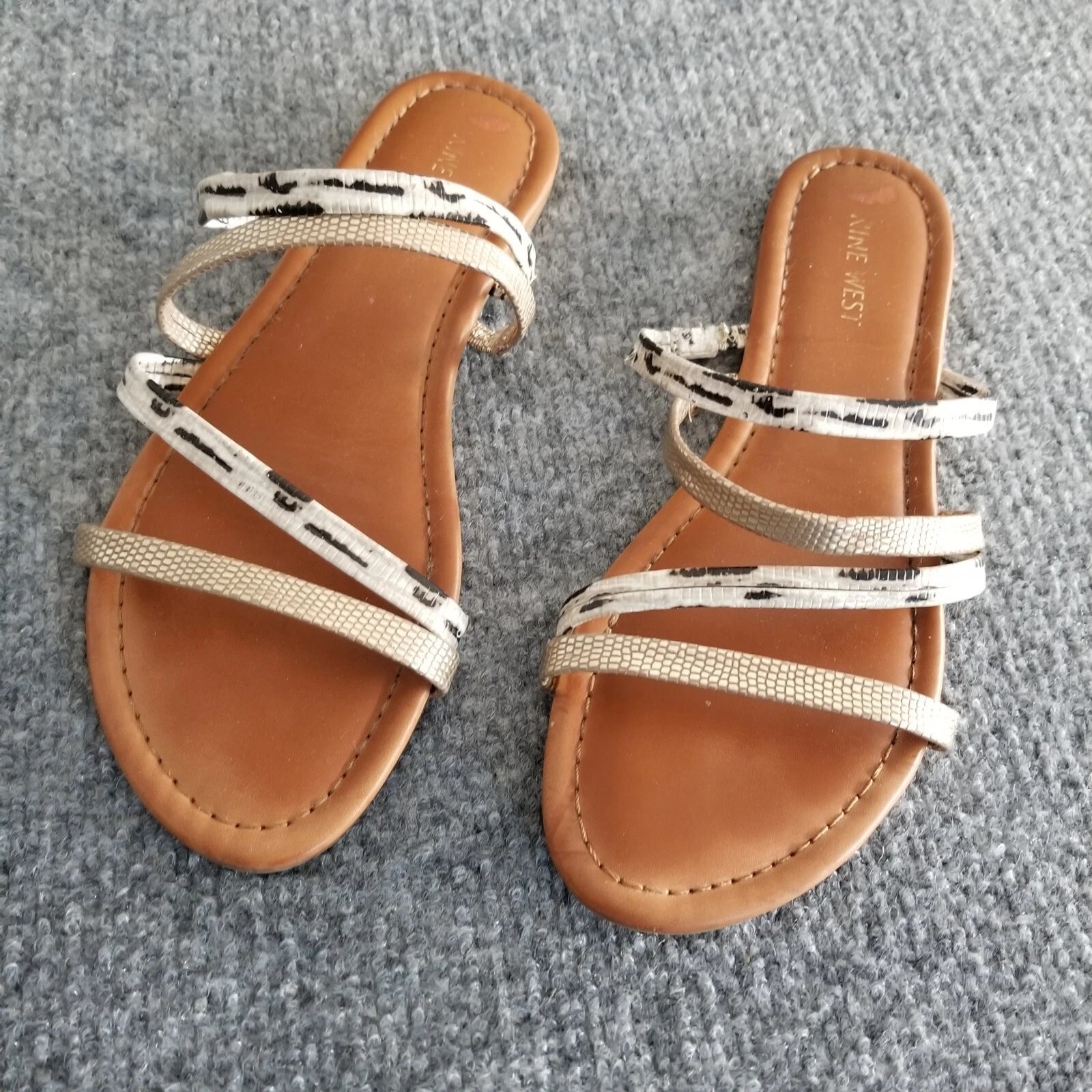 Nine West Women US 9M Strappy Sandals Gold Brown with Gray Snake Pattern Slides*
