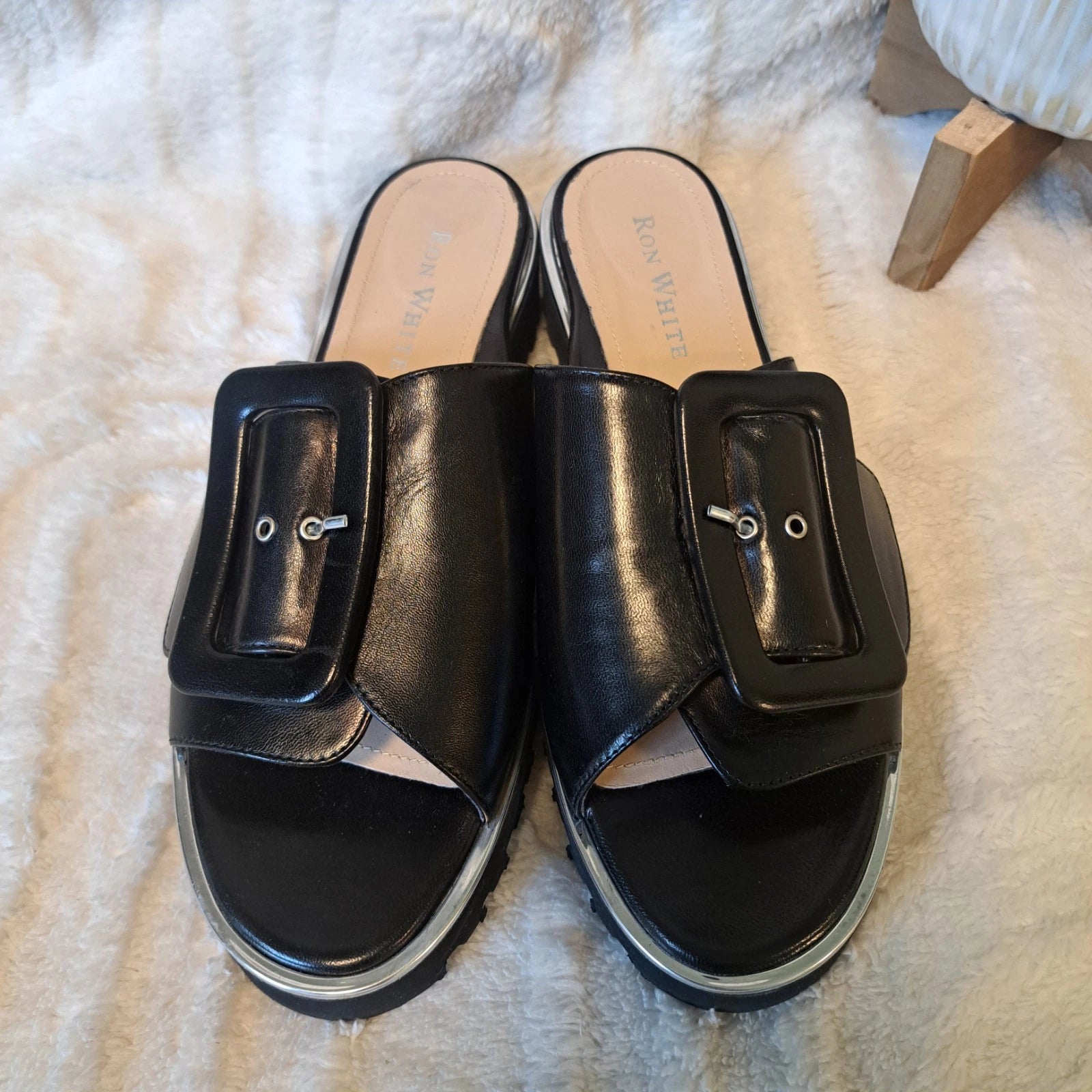Ron White Candra Slide Sandals Black Leather Italy Sz 9 US 39.5 NEW $445