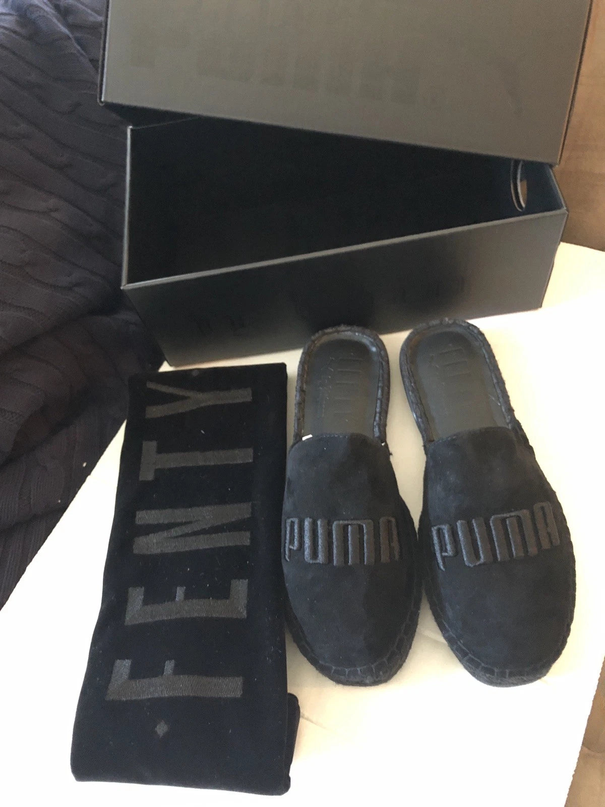 PUMA X FENTY ESPADRILLE JET BLACK RIHANNA FASHION Slides Slipper Sz 5.5 w/ Pouch