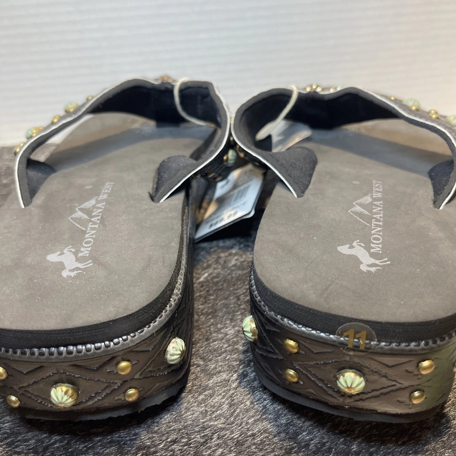 Montana West Black Embossed w/Studs Western Style Wedge Sandals Sz11-11.5